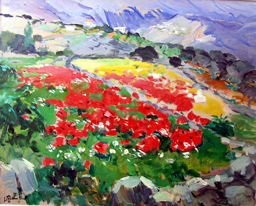 A flower field and blue mountains painted by Wahib Bteddini